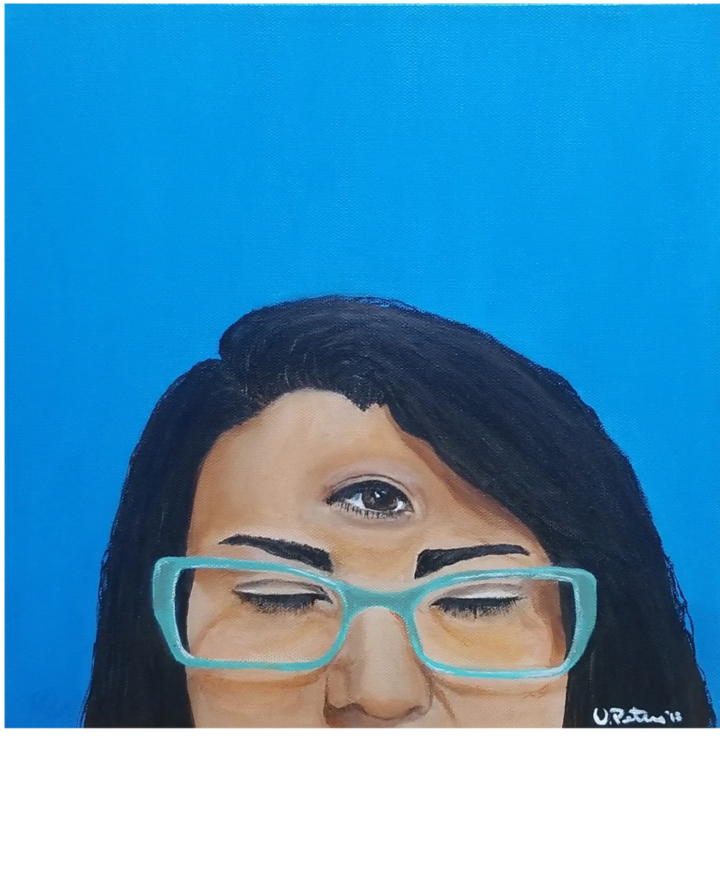 cerulean background  dark hair woman in teal glasses with eyes closed and open third eye on forehead