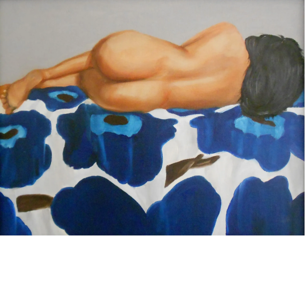 dark hair nude woman back and backside  laying on bed blue flower covers Unikko pattern 