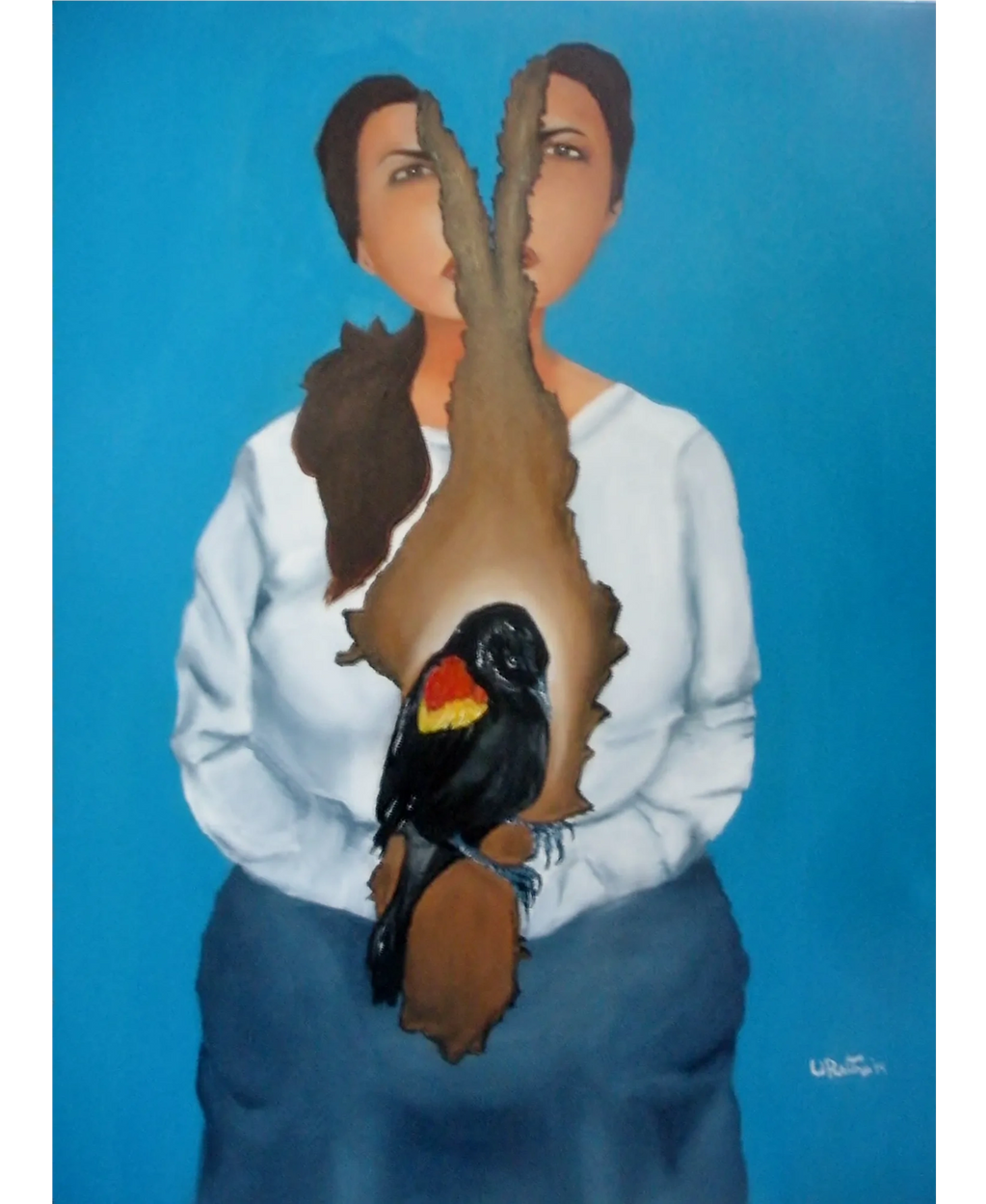 Latina woman seated ripped down center red-winged black bird in center cerulean blue background 