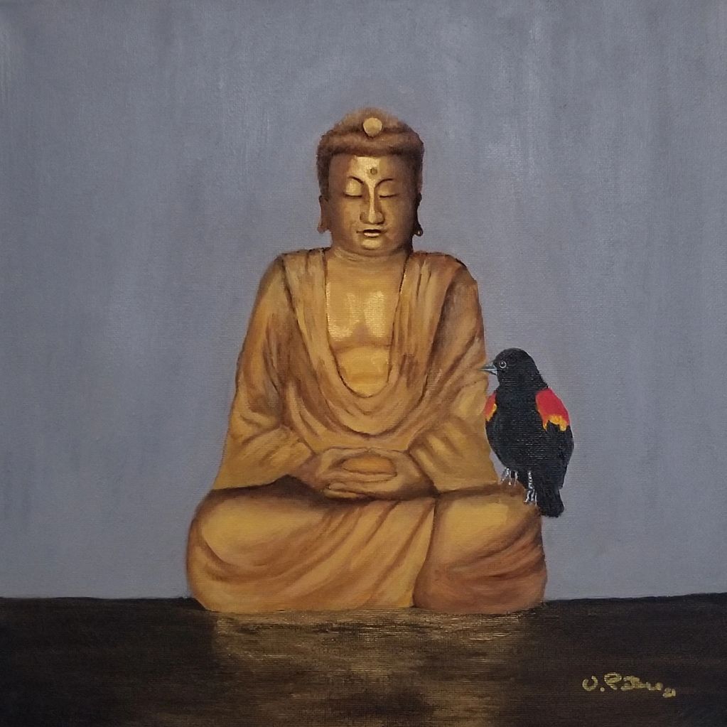 gray background gold meditating buddha red-winged blackbird dhyana mudra golden reflection  