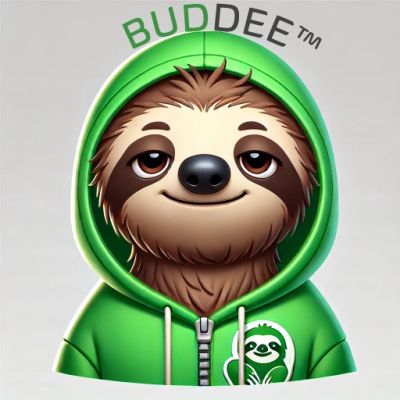 Cartoon sloth wearing a green hoodie with BUDDEE text.