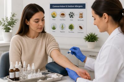 Doctor performing allergy test on woman's arm.