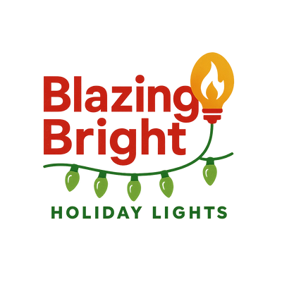 Logo for Blazing Bright Holiday Lights with red and green colors and a flame bulb.