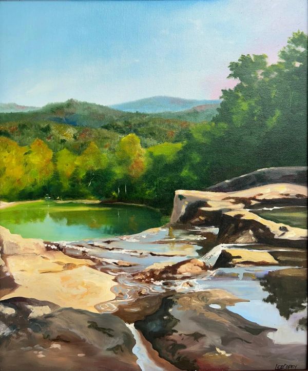 A serene landscape with rocks, water, and distant forested hills.