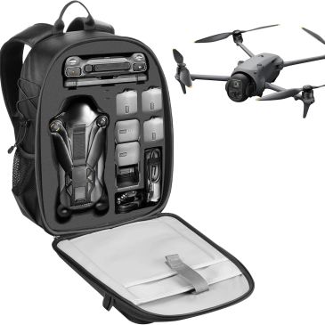 A black drone with a backpack case containing drone accessories.