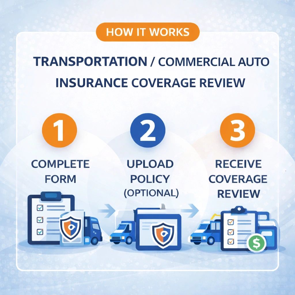 Steps for commercial auto insurance coverage review: complete form, upload policy, receive review.
