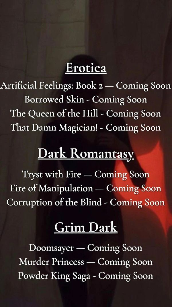 Upcoming book titles in Erotica, Dark Romantasy, and Grim Dark genres all marked as coming soon.