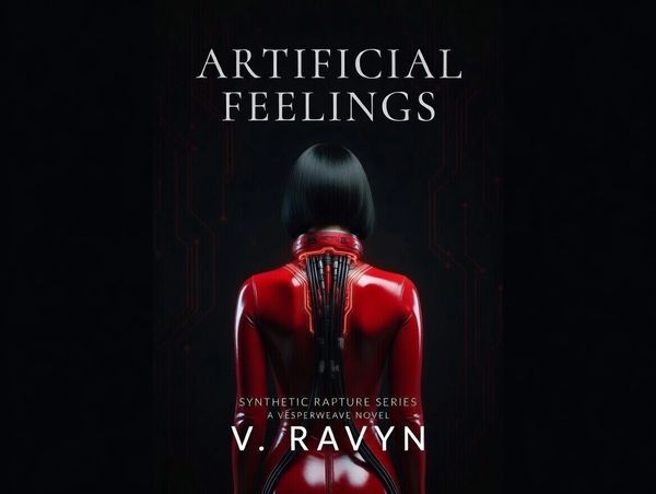 Book cover of 'Artificial Feelings' showing a futuristic woman in red with cybernetic enhancements.