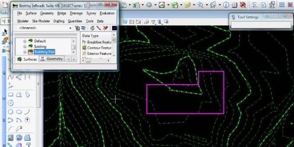 Bentley InRoads software showing contour lines and a building pad design.