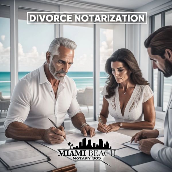 a married couple signing divorce papers in South Beach with Miami Beach Notary 305 divorce notary