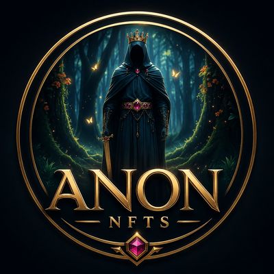 Dark cloaked figure with crown in enchanted forest, ANON NFTs text.