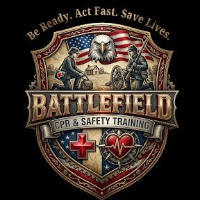 Battlefield CPR & Safety Training emblem with patriotic and lifesaving symbols.