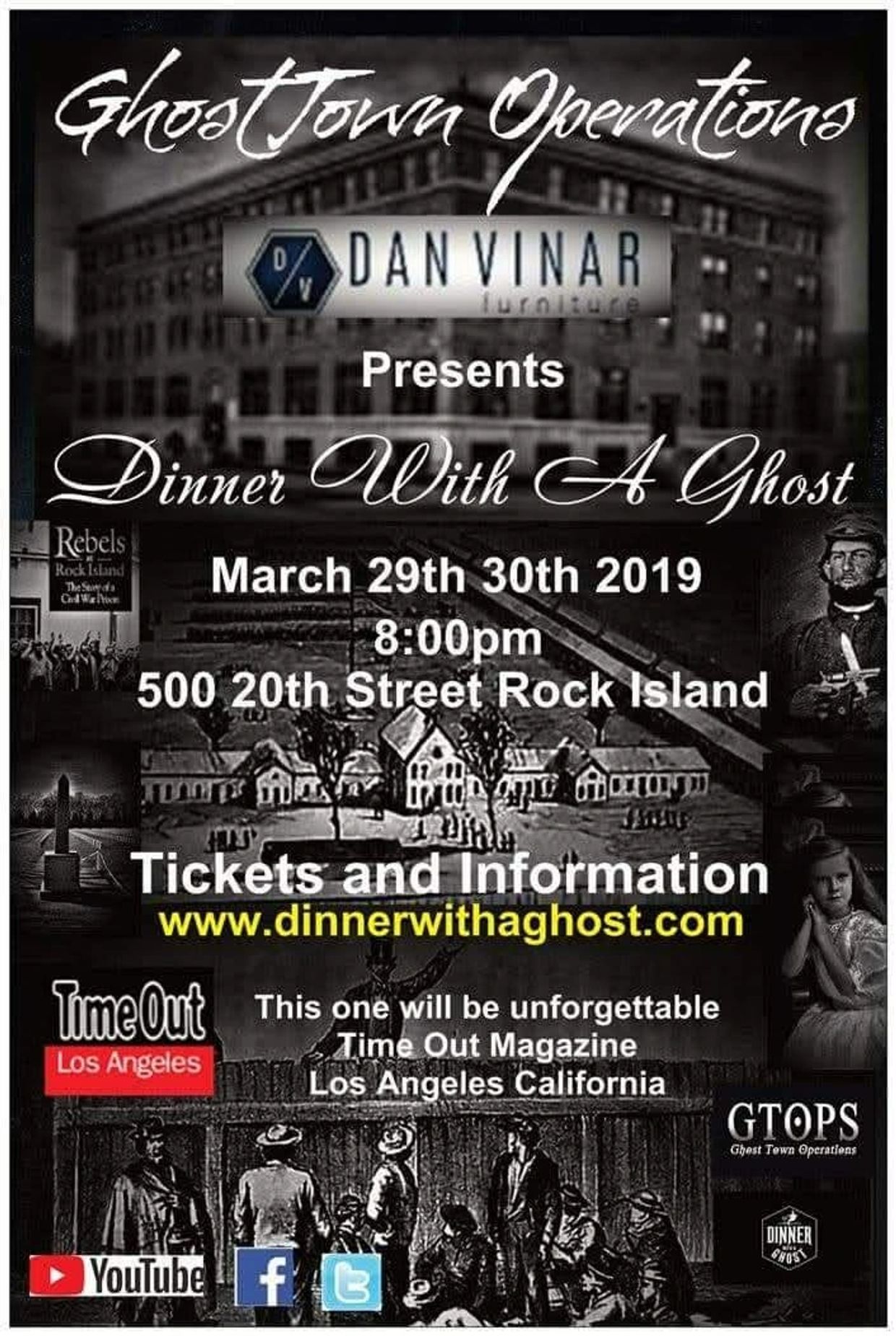 Promotional poster for 'Dinner With A Ghost' event in Rock Island.