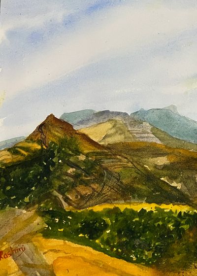 Watercolor painting of a mountainous landscape with greenery and a clear sky.
