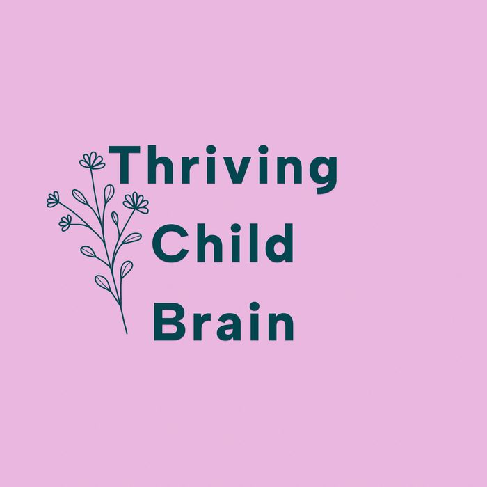Text reading 'Thriving Child Brain' with a floral illustration on a pink background.