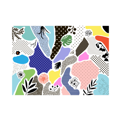 Colorful abstract shapes with floral and leaf patterns on a white background.