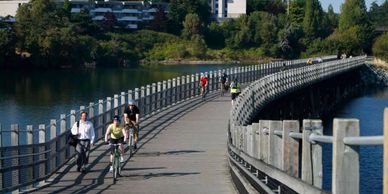 People enjoy biking and walking on a curved lakeside boardwalk.
