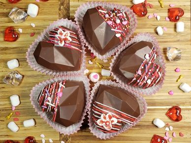 Heart shaped valentines themed hot chocolate bombs 