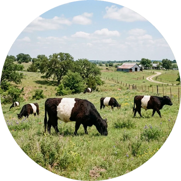 A group of Belted Galloway cows grazing in a green pasture with a barn in the background.