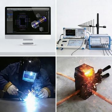 Collage showing electrical design, testing equipment, welding, and a welding clamp with sparks.