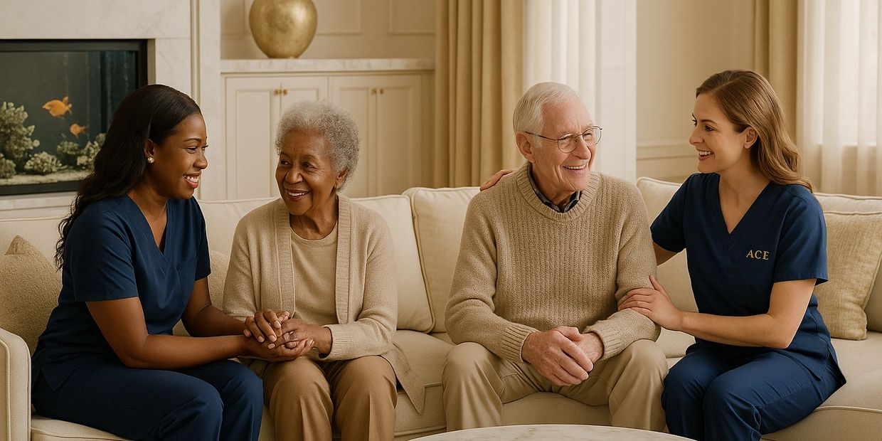 Two caregivers in navy scrubs interact warmly with elderly couple on a beige sofa.