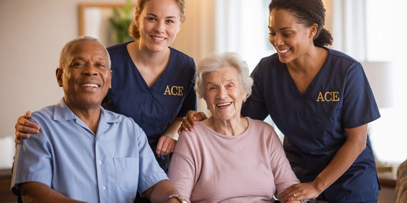 Two caregivers with elderly patients smiling.
