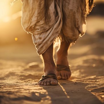 Jesus feet in sandals walking on dusty road.