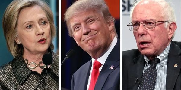 Portraits of Hillary Clinton, Donald Trump, and Bernie Sanders during public appearances.