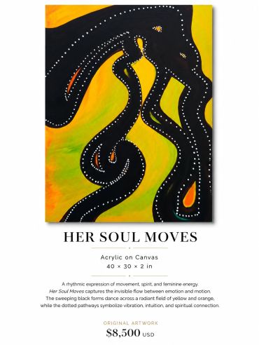 Abstract acrylic painting with flowing black forms on vibrant yellow and orange background.