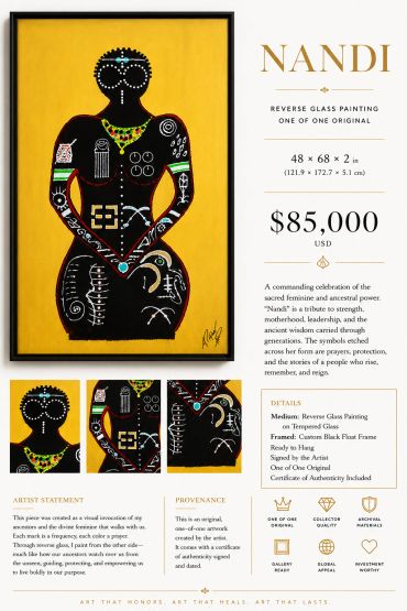 A vibrant reverse glass painting titled 'Nandi' celebrating feminine strength and ancestral power.