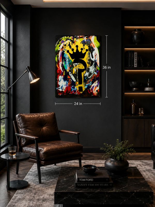 Modern living room with abstract crown artwork measuring 24x36 inches.