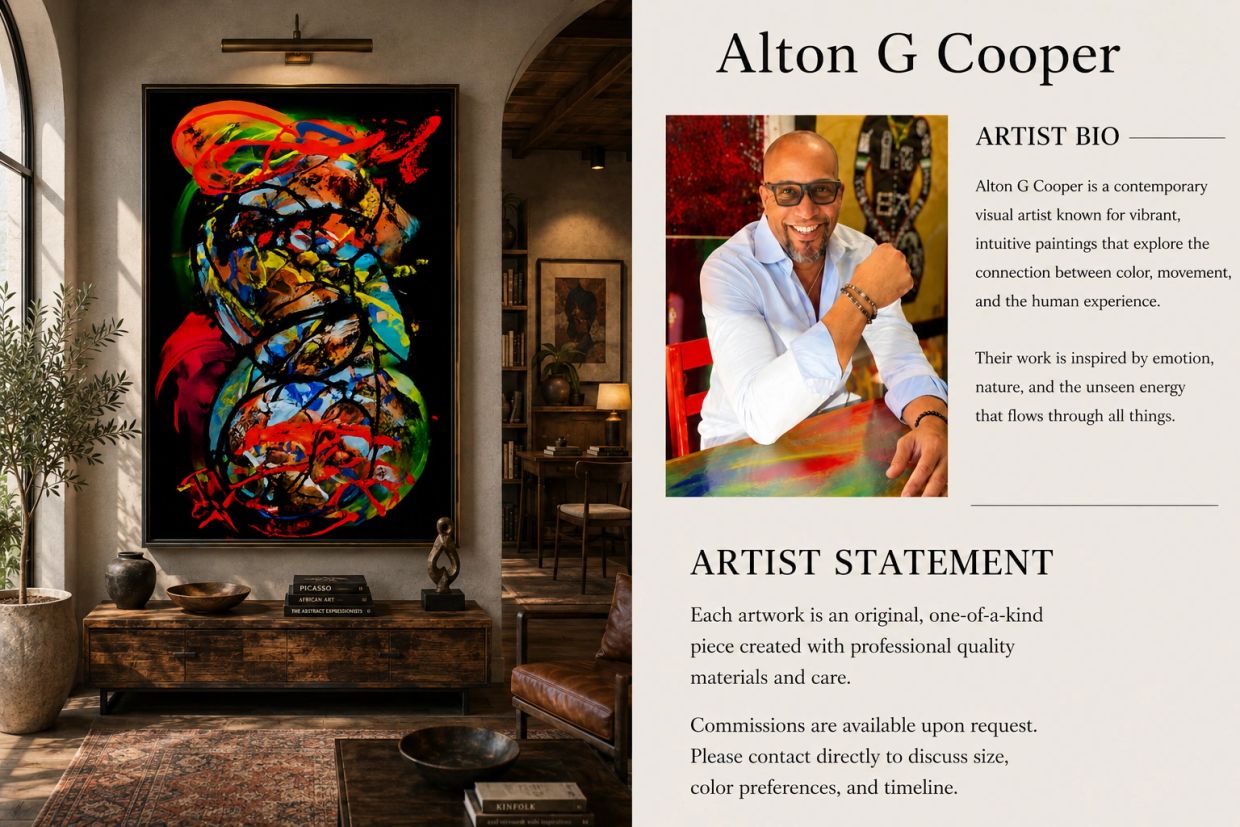 Vibrant abstract painting in a stylish living room next to artist Alton G Cooper's bio and statement.