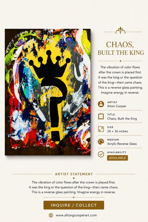 Abstract painting with a crowned question mark surrounded by vibrant colors.