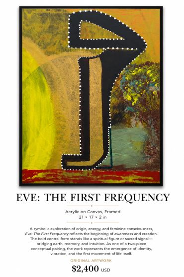 Abstract painting symbolizing origin, energy, and feminine consciousness with bold central figure.