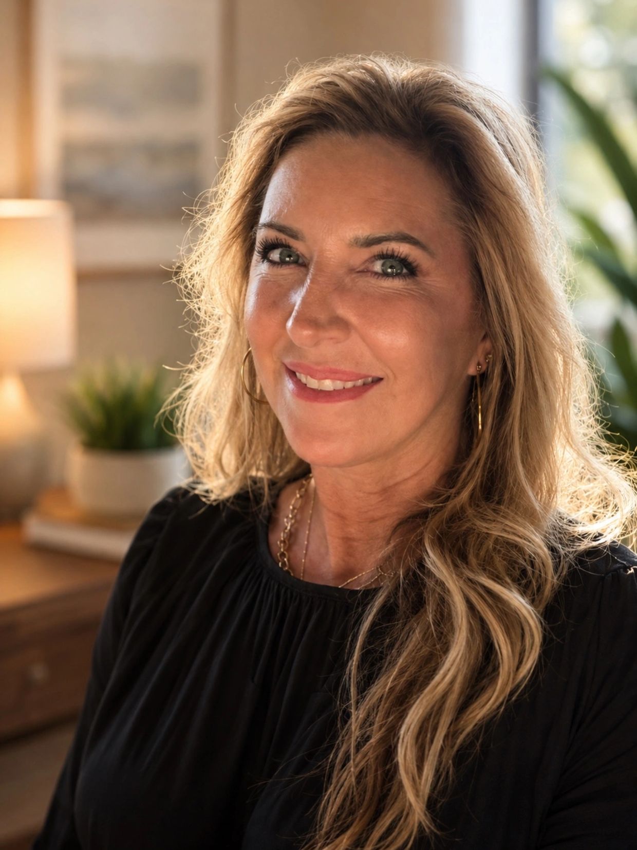 Smiling woman with wavy blonde hair in warm indoor lighting.