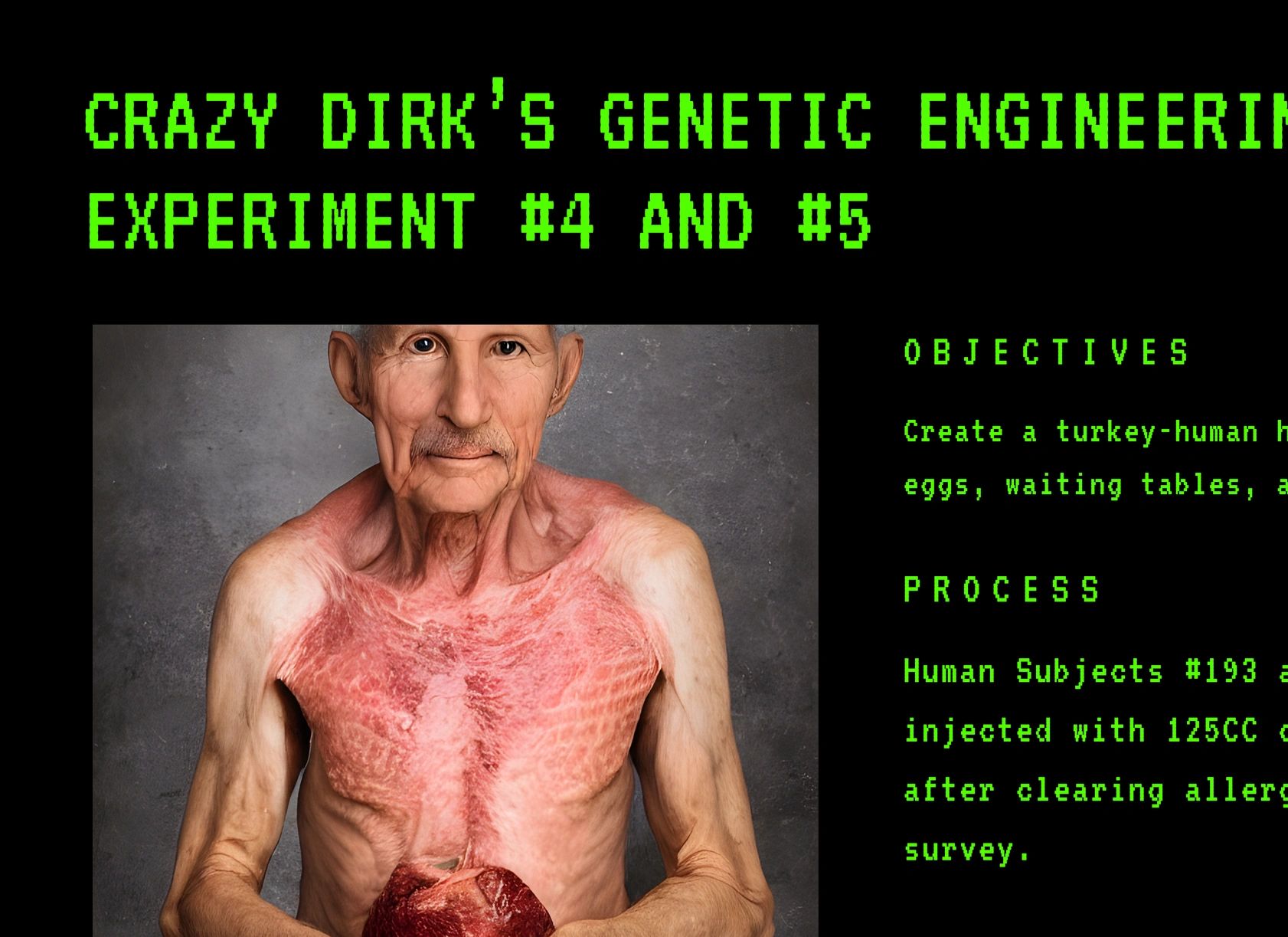 Genetic experiment shows a man with turkey-like skin and feathers, holding a heart.