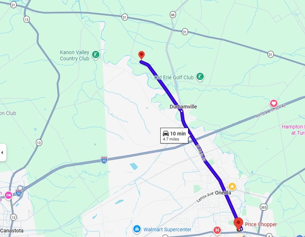 Map showing a 10-minute driving route from Price Chopper in Oneida to a point near Old Erie Golf Club.