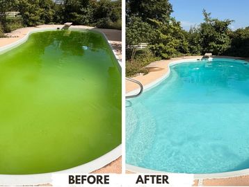 Before and after photos of a swimming pool cleanup.