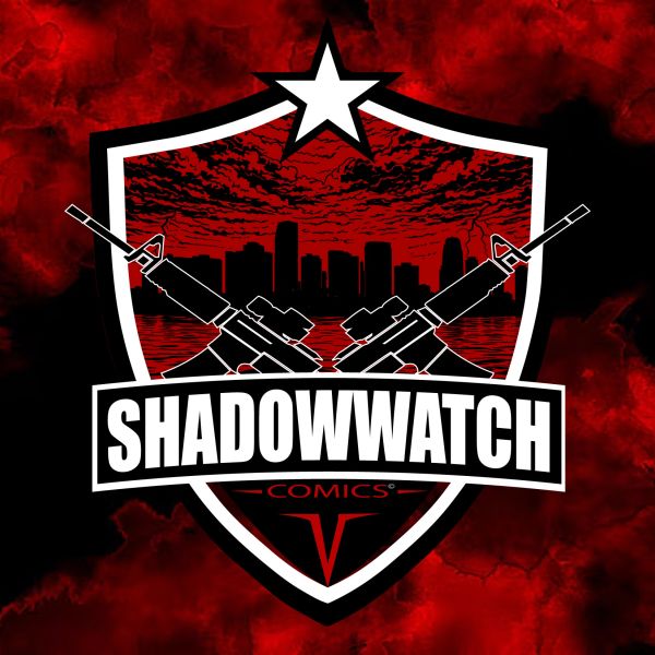 Logo for Shadowwatch Comics featuring crossed rifles and city skyline in red and black.
