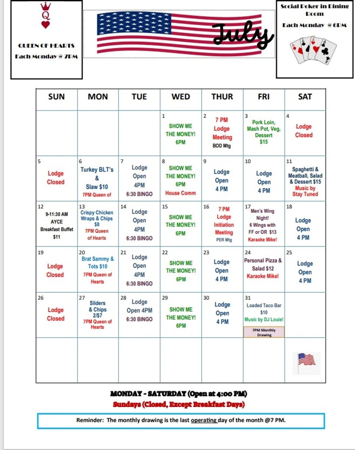 July calendar with lodge events including meals, meetings, and games.