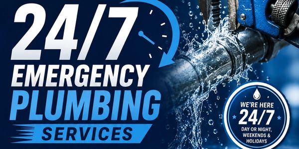 24/7 emergency plumbing services with water leak repair shown.
