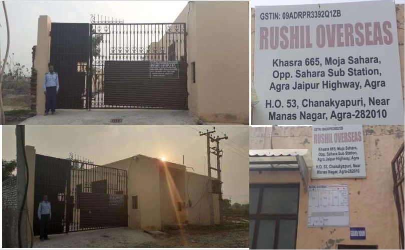 Entrance gate and signage of Rushil Overseas at Agra Jaipur Highway.