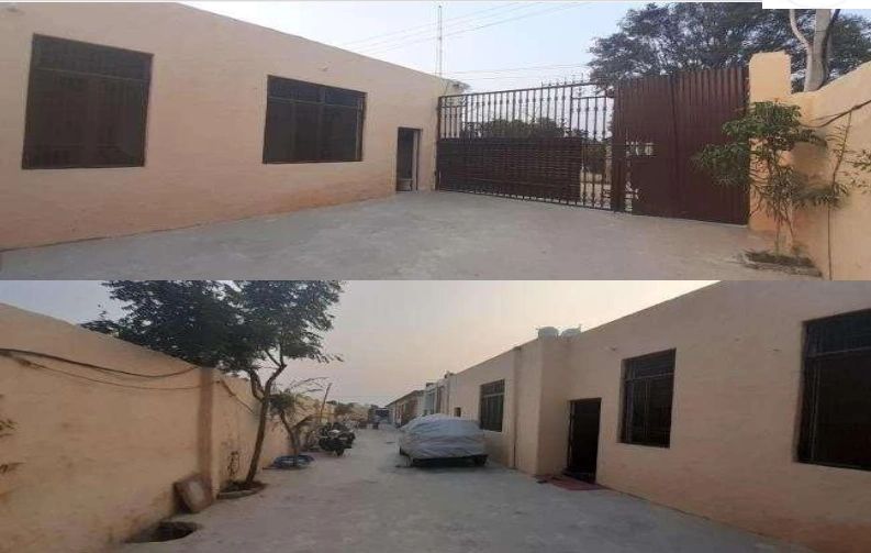 Two views of a beige house with black windows and a gated entrance.