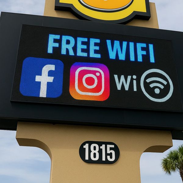 After completing full commercial LED sign repair, digital sign repair, and LED display repair, the display now shows sharp graphics, vivid colors, and smooth transitions. The icons and WiFi text are clear and highly visible, and the number 8 displays cleanly with no distortion.