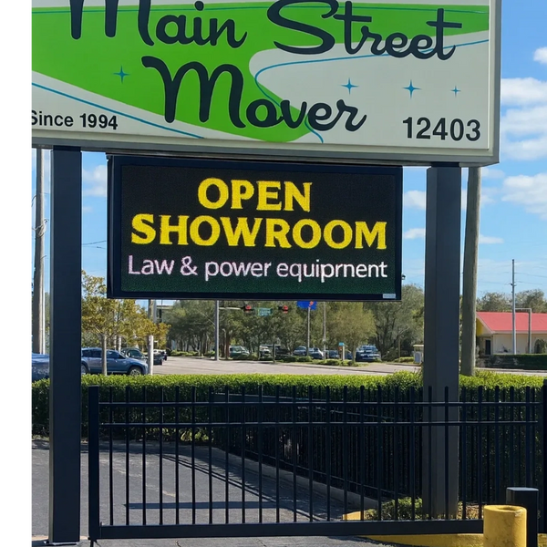 Following precise EXPERTS LED sign repair, a complete digital sign upgrade, and extensive LED display refurbishing, the Main Street Mower sign now displays bright, vivid colors with clear, stable graphics. The updated display boosts visibility and gives the long-standing Central Florida business a clean, refreshed look.