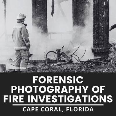 Fire investigator surveys charred remains at a fire scene in Cape Coral, Florida.