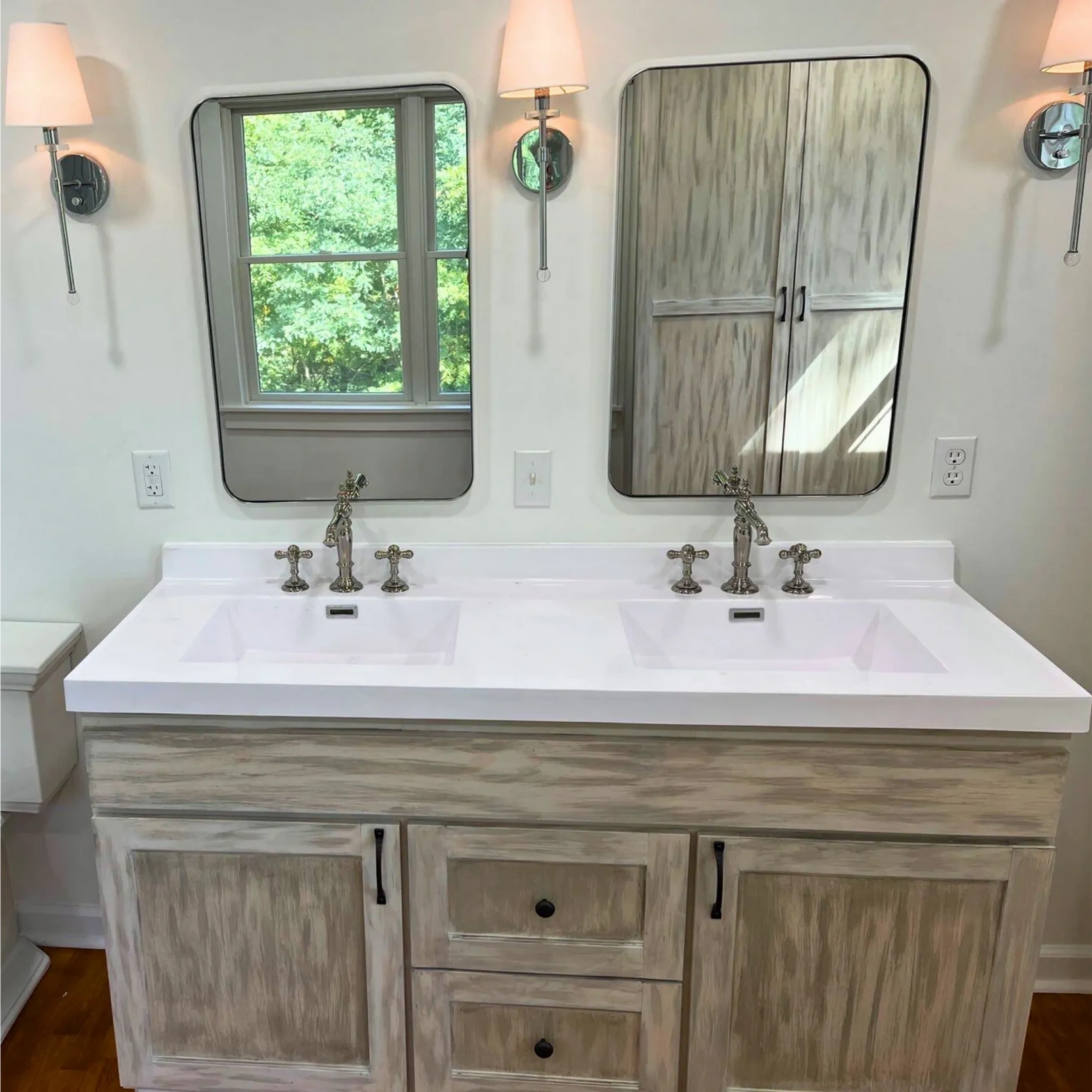 Bright gray tone wood freshly redone bathroom 