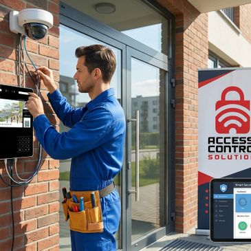 Technician installs security camera and access control system outside a building.