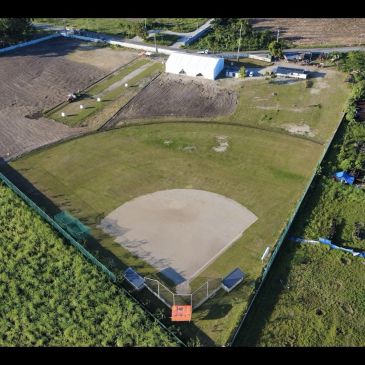 Aerial view of a fenced baseball field with a dirt infield and grassy outfield.