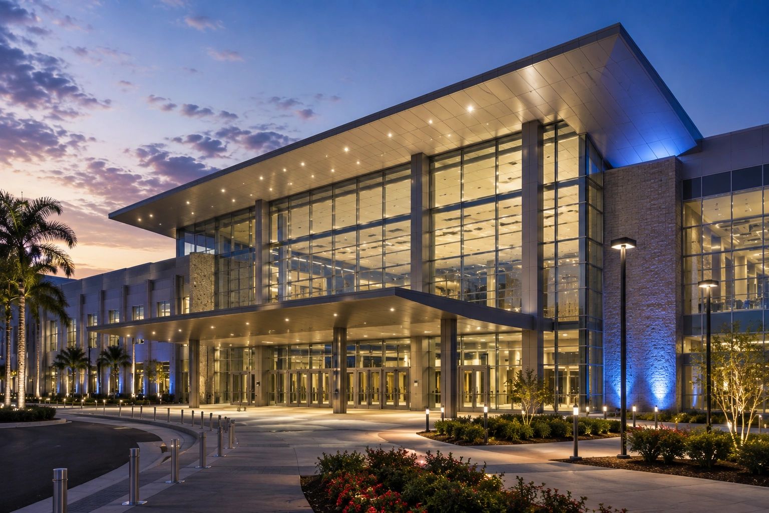 Modern glass and steel building illuminated at dusk with palm trees.